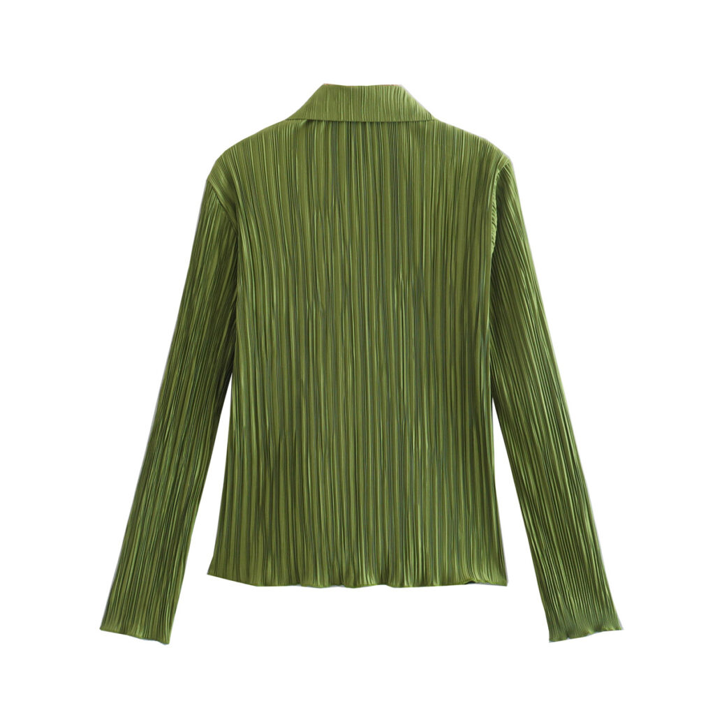 Women Clothing Spring Fine Pleated Satin Slim Long-Sleeved Green Shirt Top textured - Image 3