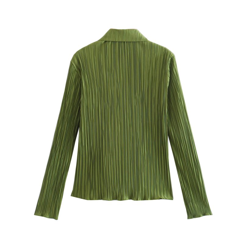 Women Clothing Spring Fine Pleated Satin Slim Long-Sleeved Green Shirt Top textured - Image 3