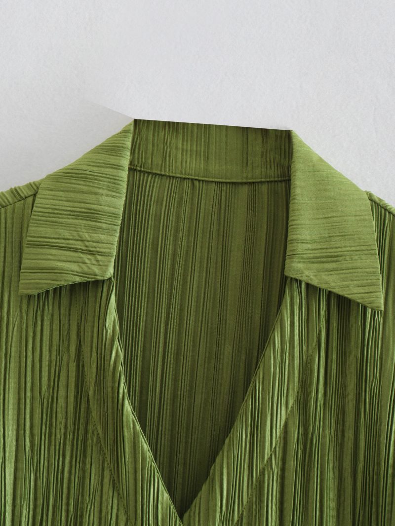 Women Clothing Spring Fine Pleated Satin Slim Long-Sleeved Green Shirt Top textured - Image 4