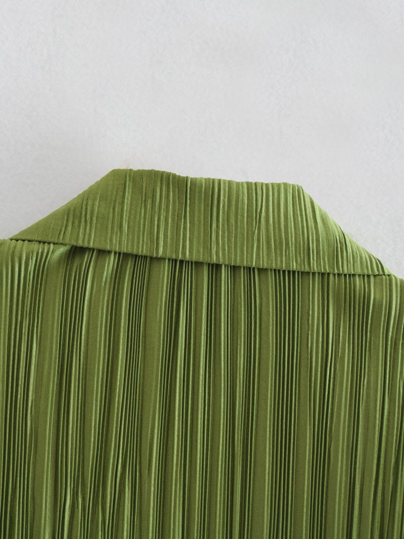 Women Clothing Spring Fine Pleated Satin Slim Long-Sleeved Green Shirt Top textured - Image 6