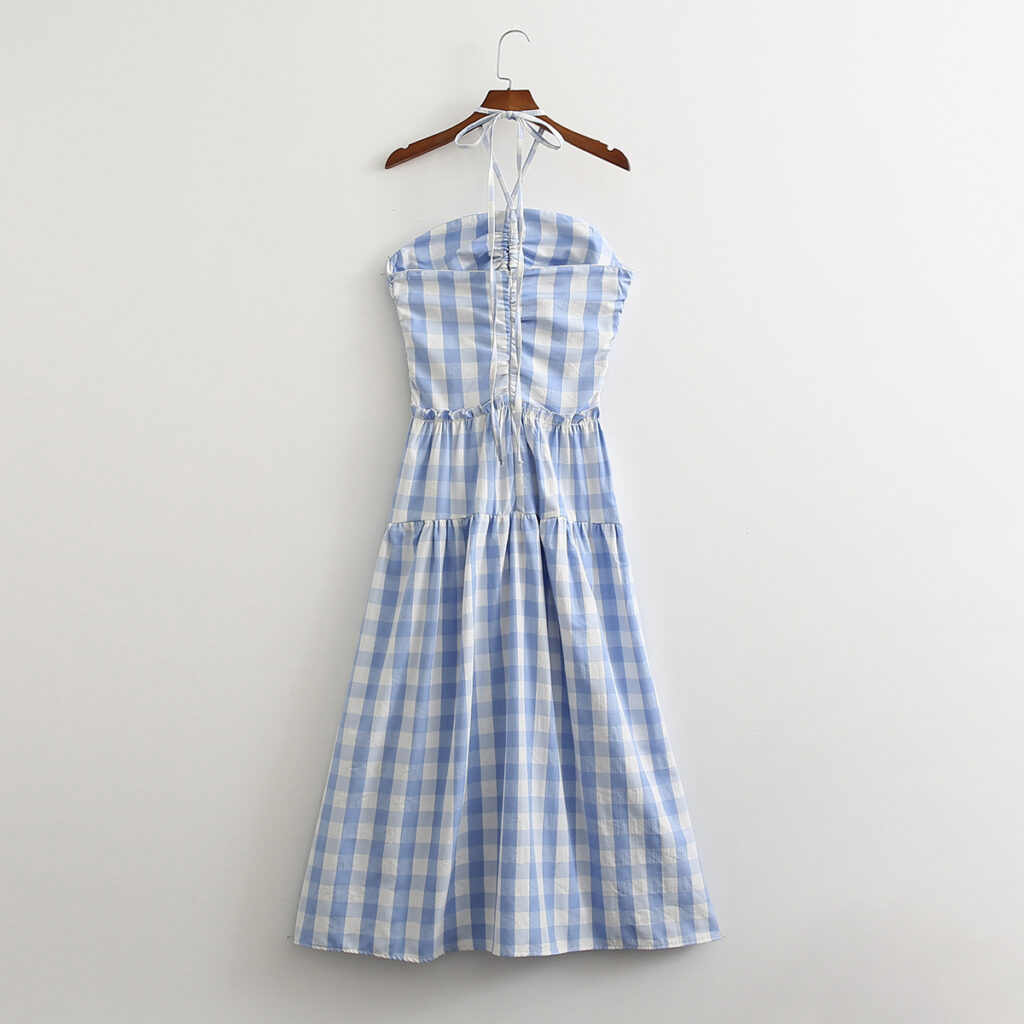 Plaid Women Clothing Spring Summer Drawstring Sexy Hollow-out Backless Halterneck Suspenders Dress - Image 2