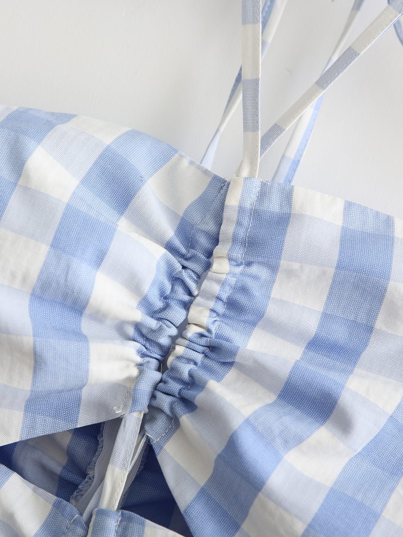Plaid Women Clothing Spring Summer Drawstring Sexy Hollow-out Backless Halterneck Suspenders Dress - Image 3