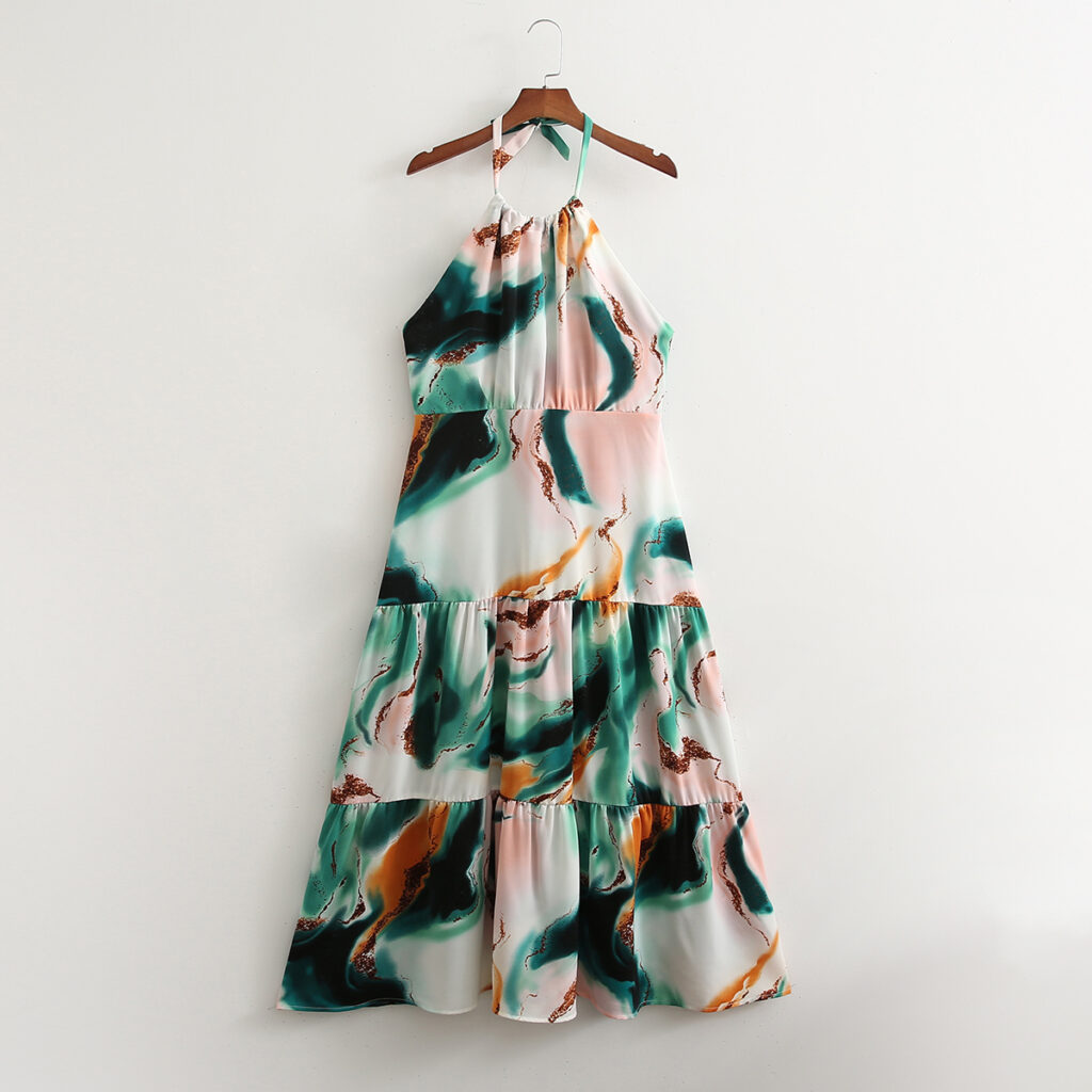 Spring Women Tie-Dyed Floral Halter Large Swing Dress