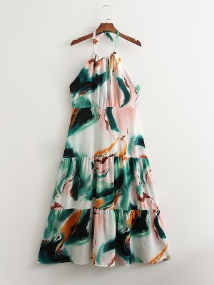 Spring Women Tie-Dyed Floral Halter Large Swing Dress