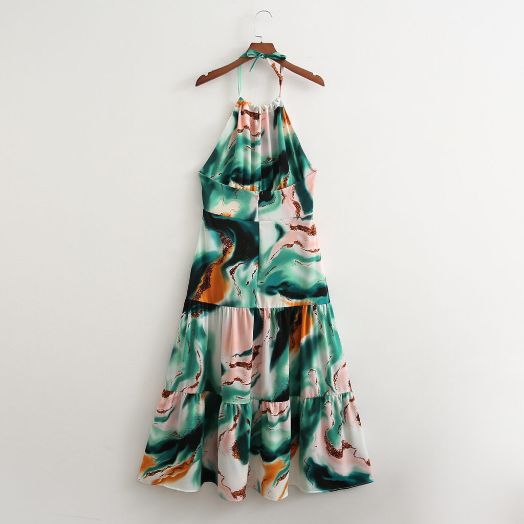 Spring Women Tie-Dyed Floral Halter Large Swing Dress - Image 2