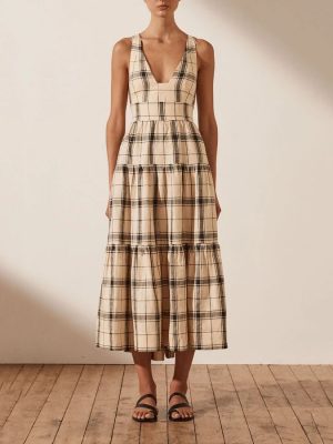 Women Spring Summer Printed Checks Backless Strap A- line Dress