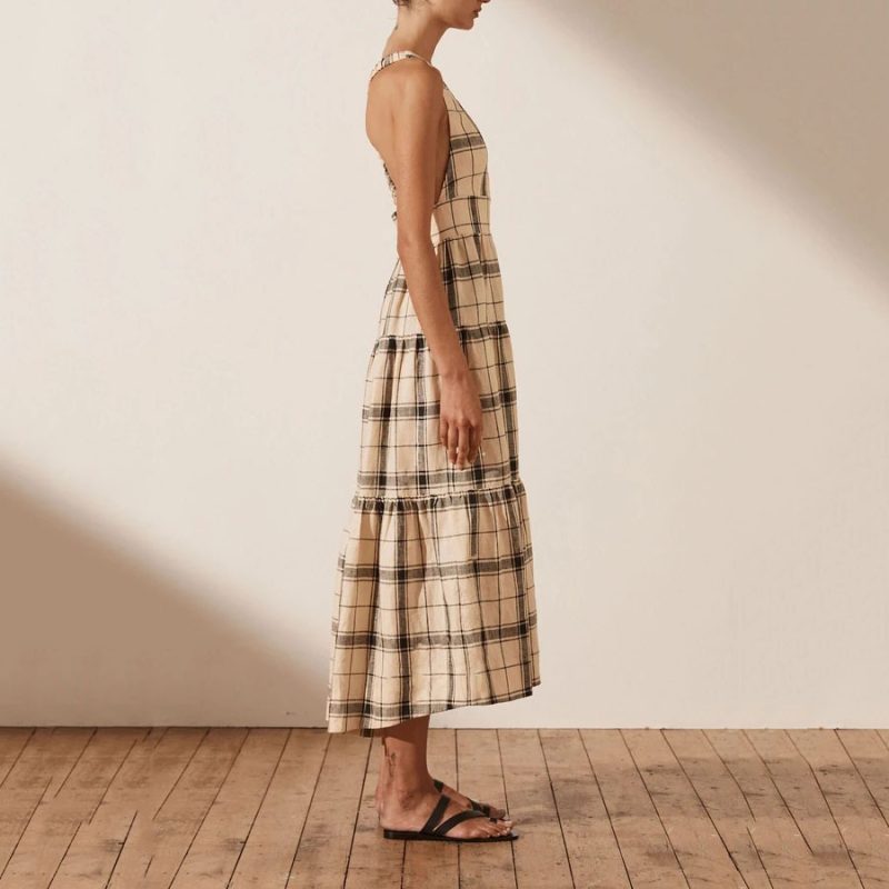 Women Spring Summer Printed Checks Backless Strap A- line Dress - Image 3