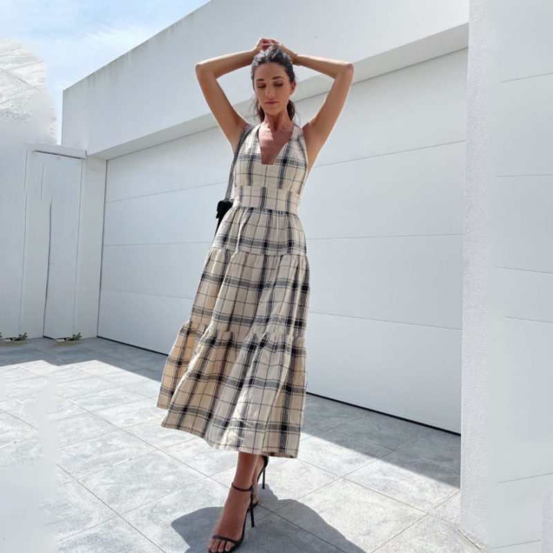 Women Spring Summer Printed Checks Backless Strap A- line Dress - Image 5