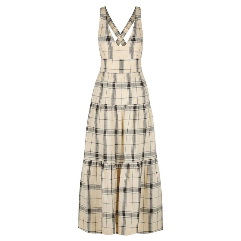 Women Spring Summer Printed Checks Backless Strap A- line Dress - Image 6