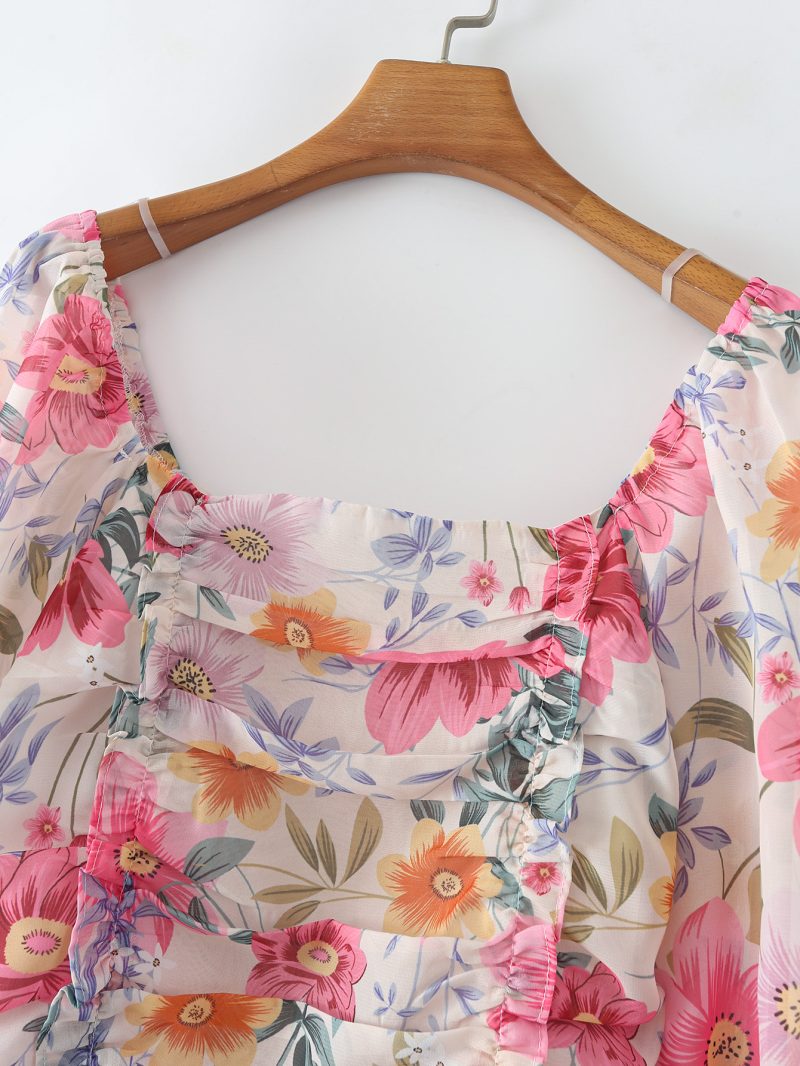 Summer Gentle Stylish Square Collar Long Sleeve Printed Pullover Chiffon Shirt for Women - Image 4