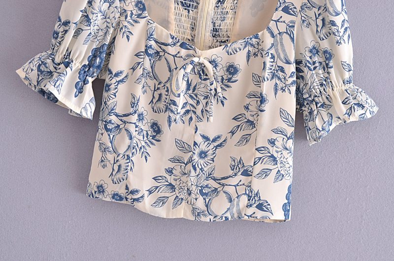 Autumn Lemon Printing Square Collar Lace up Puff Sleeve Short Top - Image 3