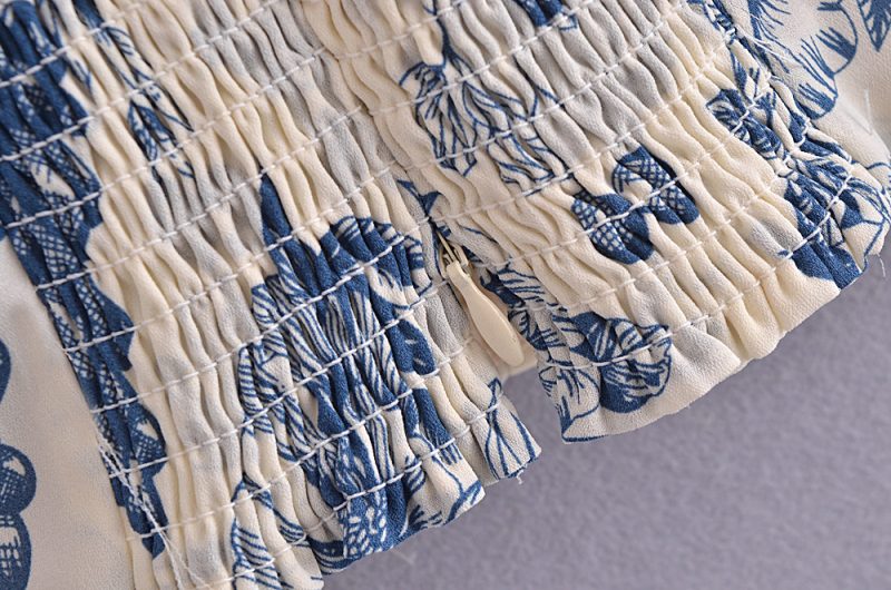 Autumn Lemon Printing Square Collar Lace up Puff Sleeve Short Top - Image 5