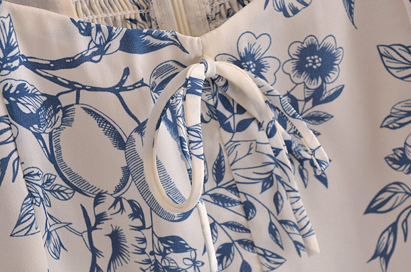 Autumn Lemon Printing Square Collar Lace up Puff Sleeve Short Top - Image 8