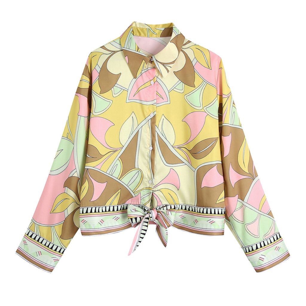 Women Clothing Summer Bowknot Decoration Collared Skin Color Printed Long Sleeve Women Shirt - Image 2