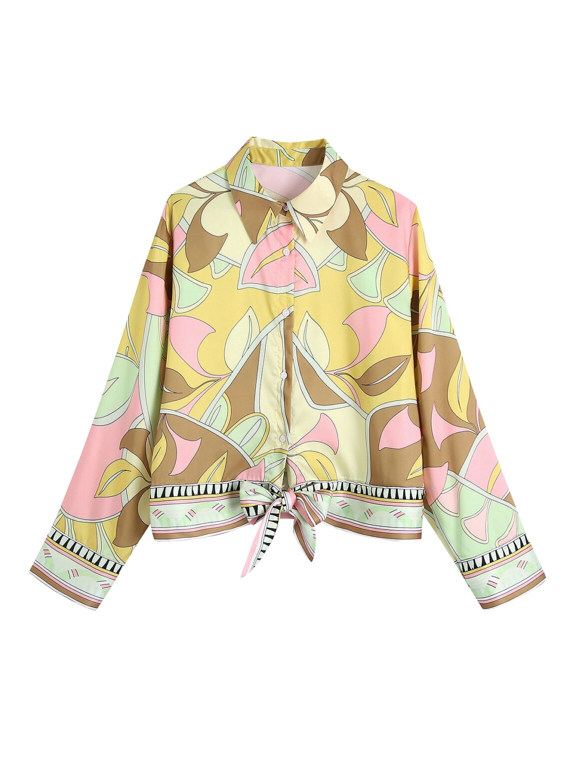 Women Clothing Summer Bowknot Decoration Collared Skin Color Printed Long Sleeve Women Shirt - Image 3
