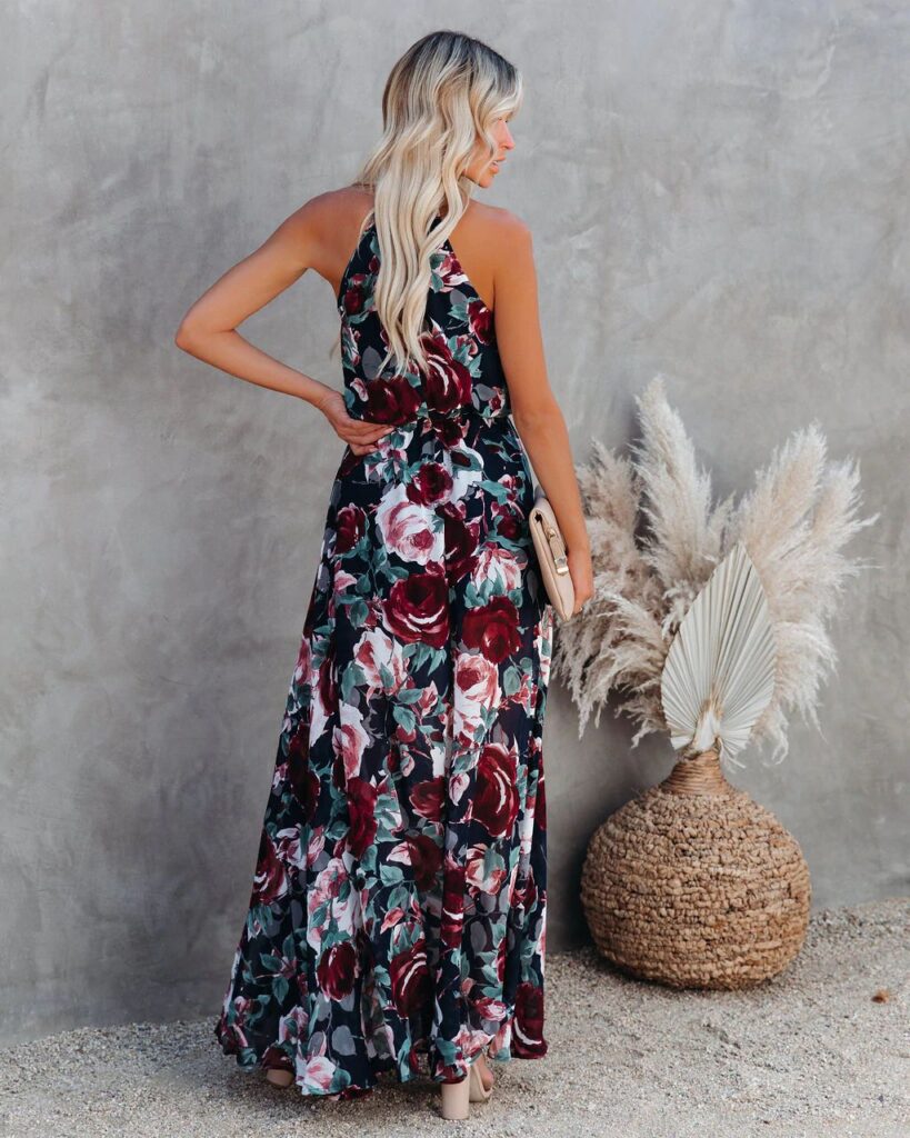 Holiday Floral Print Sleeveless Split Large Swing Halter Dress Sundress - Image 3