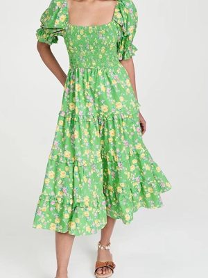 Summer Floral Short Sleeve Wooden Ear Slim Dress Long Tiered Dress Smocked