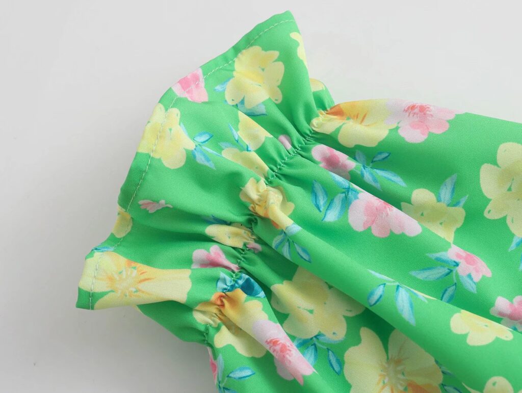 Summer Floral Short Sleeve Wooden Ear Slim Dress Long Tiered Dress Smocked - Image 2