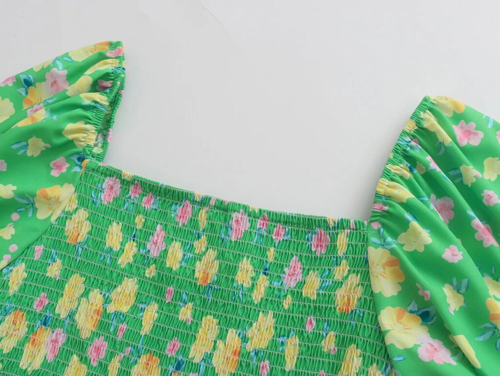 Summer Floral Short Sleeve Wooden Ear Slim Dress Long Tiered Dress Smocked - Image 3