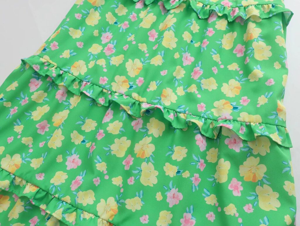 Summer Floral Short Sleeve Wooden Ear Slim Dress Long Tiered Dress Smocked - Image 4