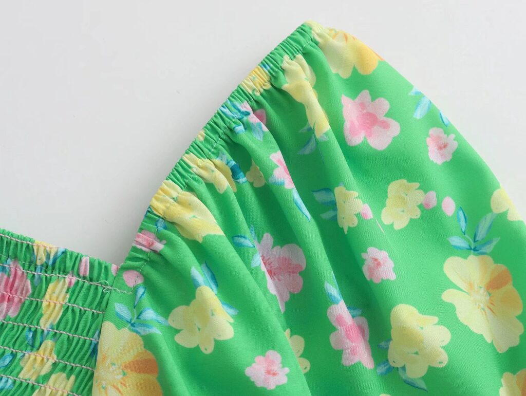 Summer Floral Short Sleeve Wooden Ear Slim Dress Long Tiered Dress Smocked - Image 5
