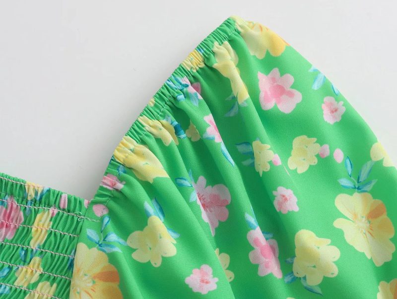 Summer Floral Short Sleeve Wooden Ear Slim Dress Long Tiered Dress Smocked - Image 5