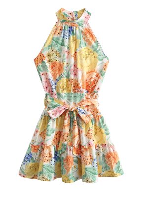 Spring Summer French Floral Print Lace-up Dress Sweet Halter Flounced  off-the-Shoulder Stitching Short