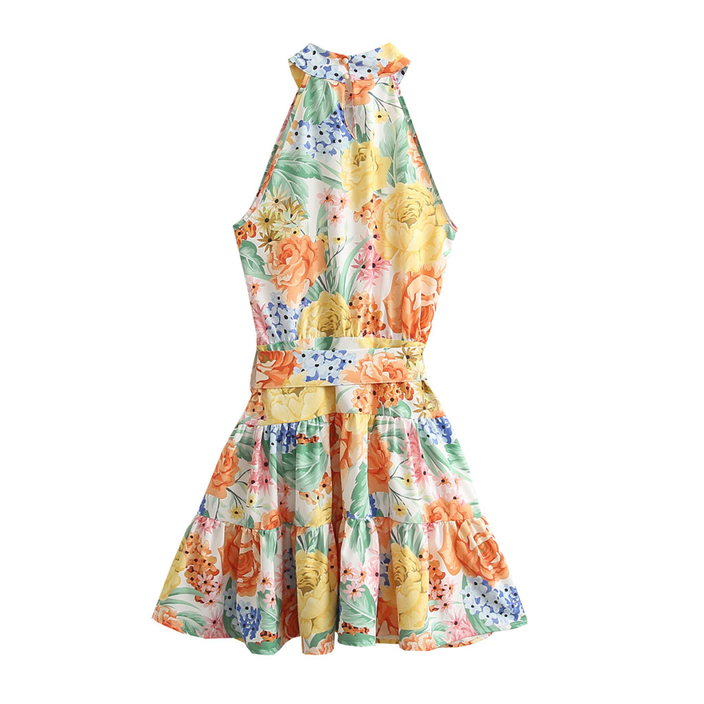 Spring Summer French Floral Print Lace-up Dress Sweet Halter Flounced  off-the-Shoulder Stitching Short - Image 2