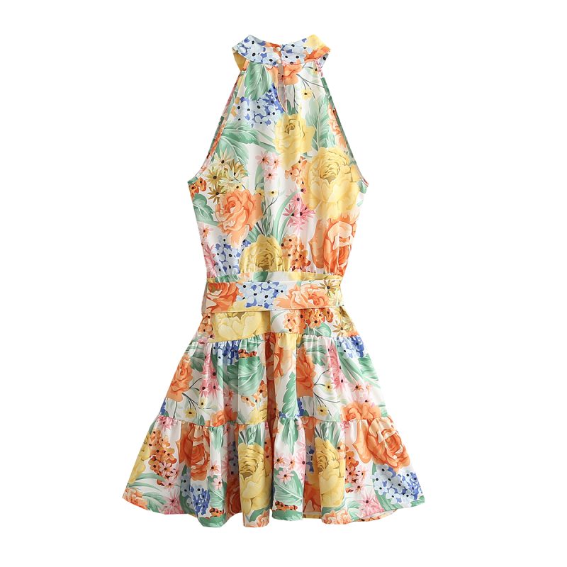 Spring Summer French Floral Print Lace-up Dress Sweet Halter Flounced  off-the-Shoulder Stitching Short - Image 2