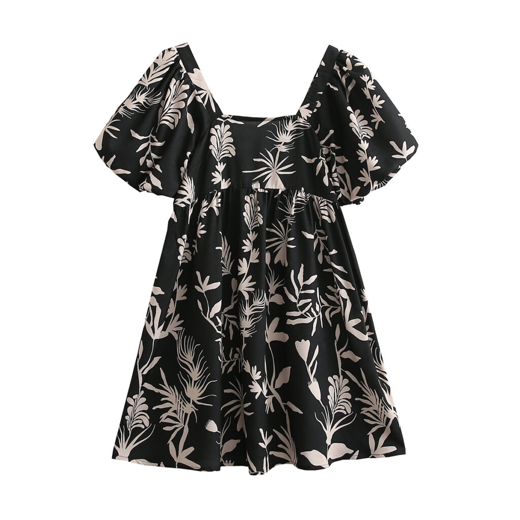 Light Luxury Black Cotton Linen Dress Elegant Graceful Women Spring Summer Square Collar Puff Sleeve A- line
