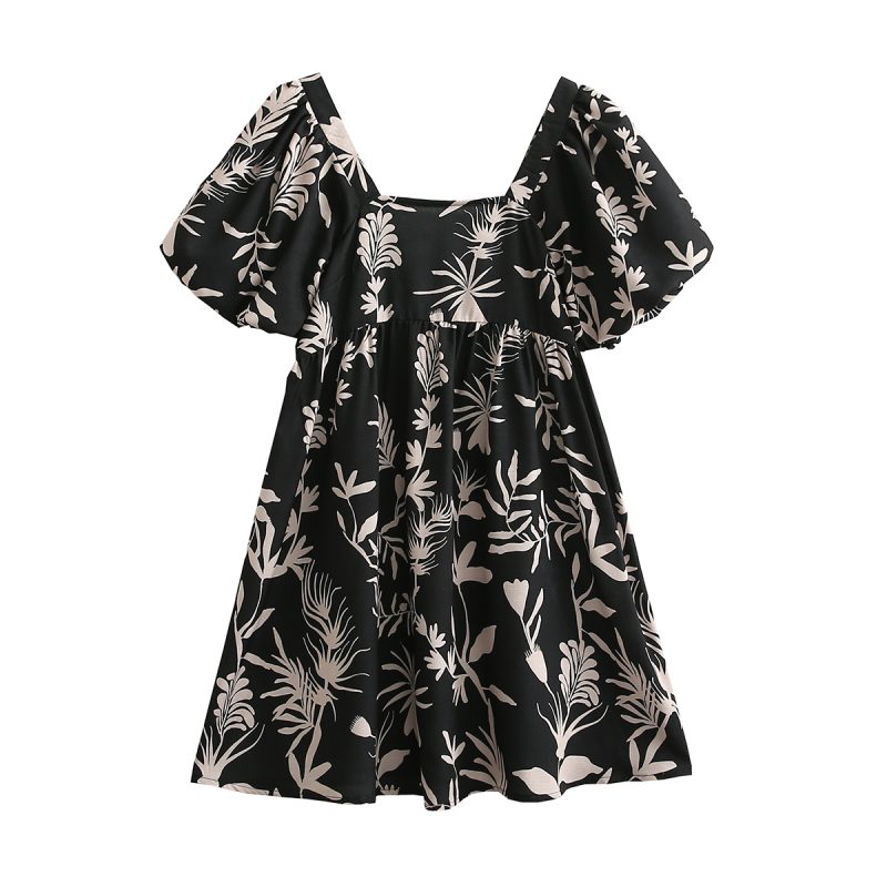 Light Luxury Black Cotton Linen Dress Elegant Graceful Women Spring Summer Square Collar Puff Sleeve A- line