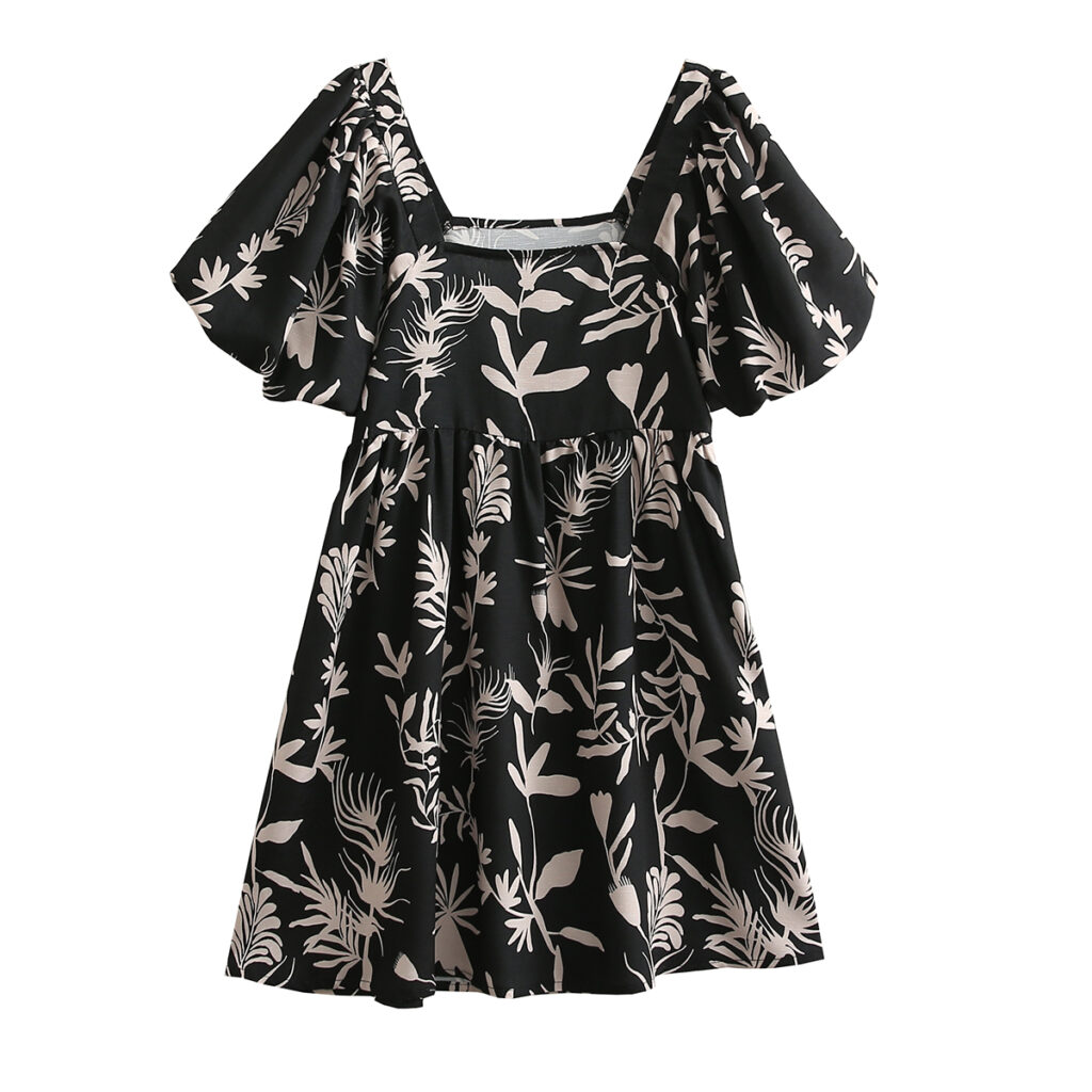 Light Luxury Black Cotton Linen Dress Elegant Graceful Women Spring Summer Square Collar Puff Sleeve A- line - Image 2