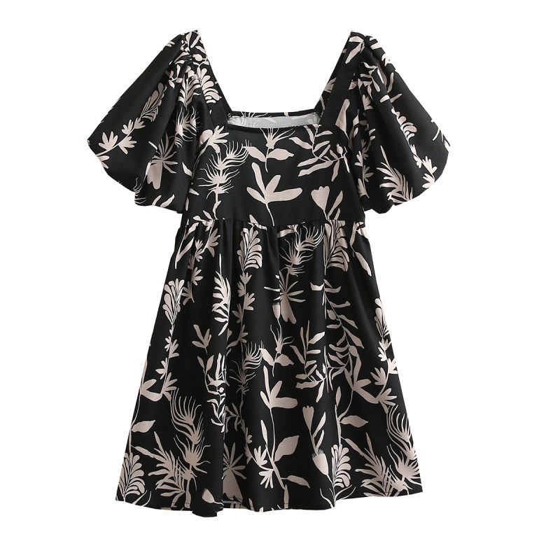 Light Luxury Black Cotton Linen Dress Elegant Graceful Women Spring Summer Square Collar Puff Sleeve A- line - Image 2