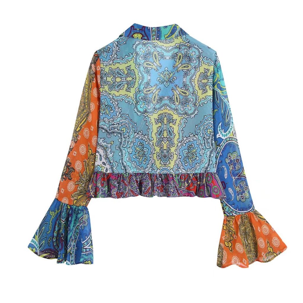 Summer Women Clothing Laminated Decoration Printed Shirt Patchwork Macthing - Image 2