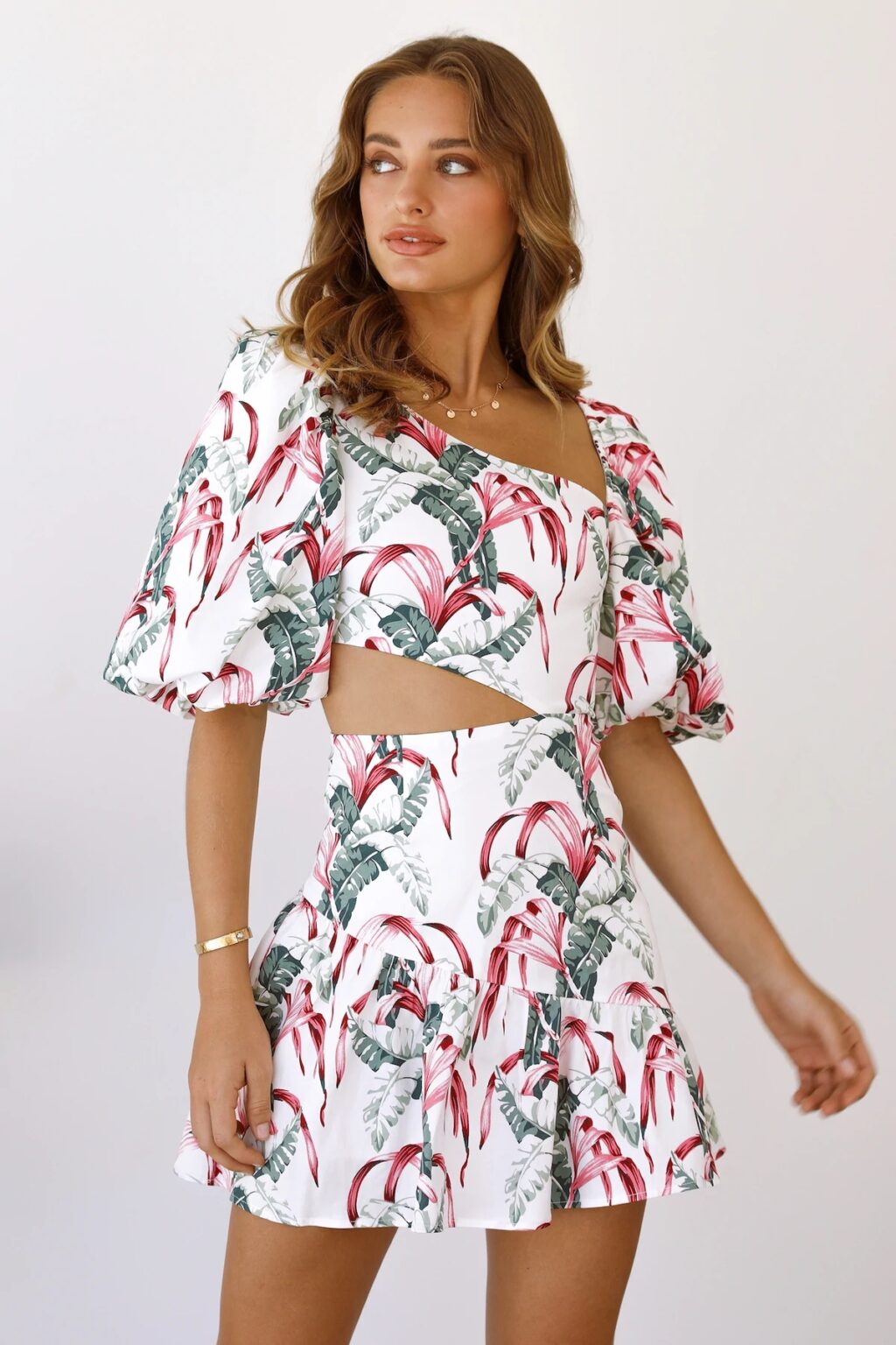 Summer Women Tropical Printed One-Shoulder Mid-Sleeve Sexy Waist Hollow-out Stitching Dress - Image 4