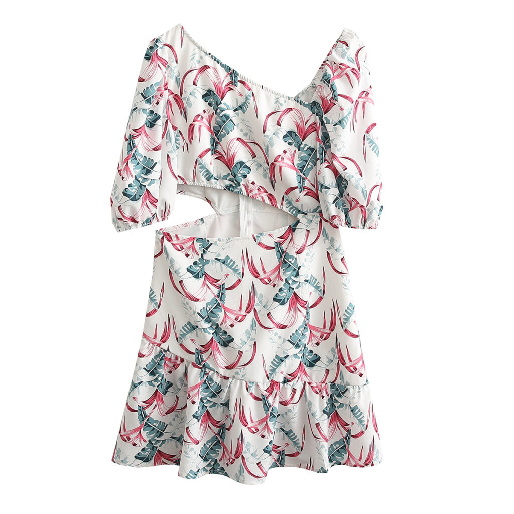 Summer Women Tropical Printed One-Shoulder Mid-Sleeve Sexy Waist Hollow-out Stitching Dress - Image 6