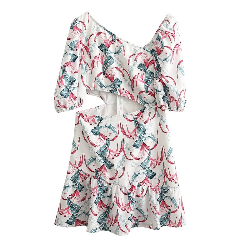 Summer Women Tropical Printed One-Shoulder Mid-Sleeve Sexy Waist Hollow-out Stitching Dress - Image 6