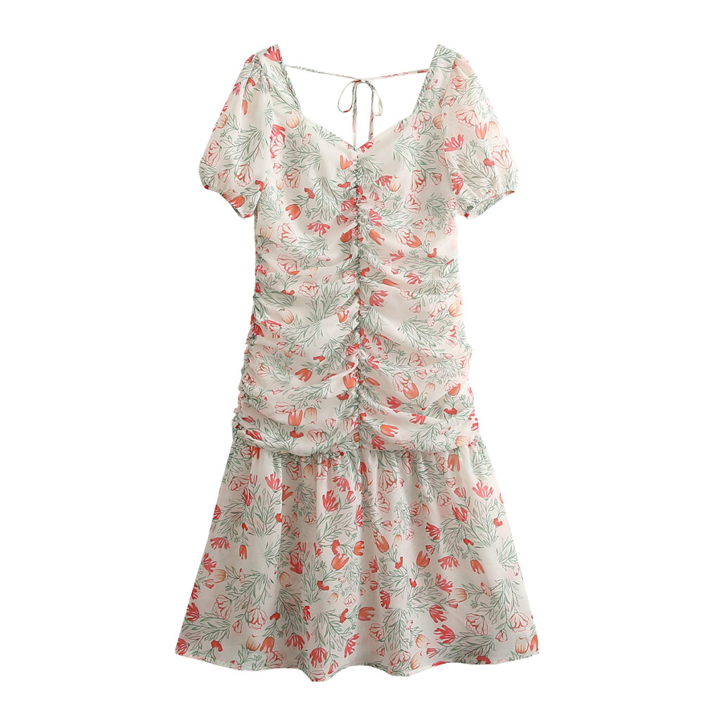 Summer Women Square Collar off-the-Shoulder Short Sleeve Pleating Chiffon Patchwork Printed Dress - Image 6