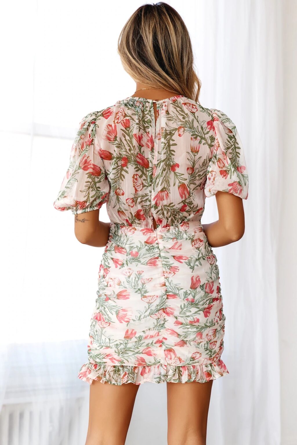 Women round Neck Floral Print Hem Pleated Ruffled Dress - Image 5
