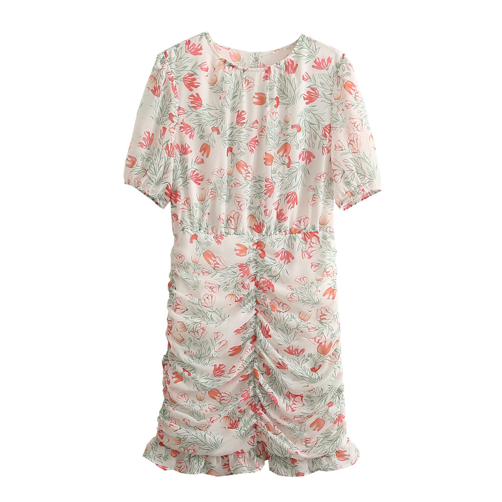 Women round Neck Floral Print Hem Pleated Ruffled Dress - Image 6