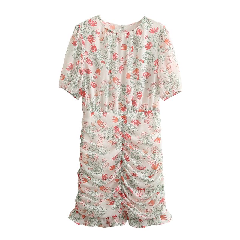 Women round Neck Floral Print Hem Pleated Ruffled Dress - Image 6