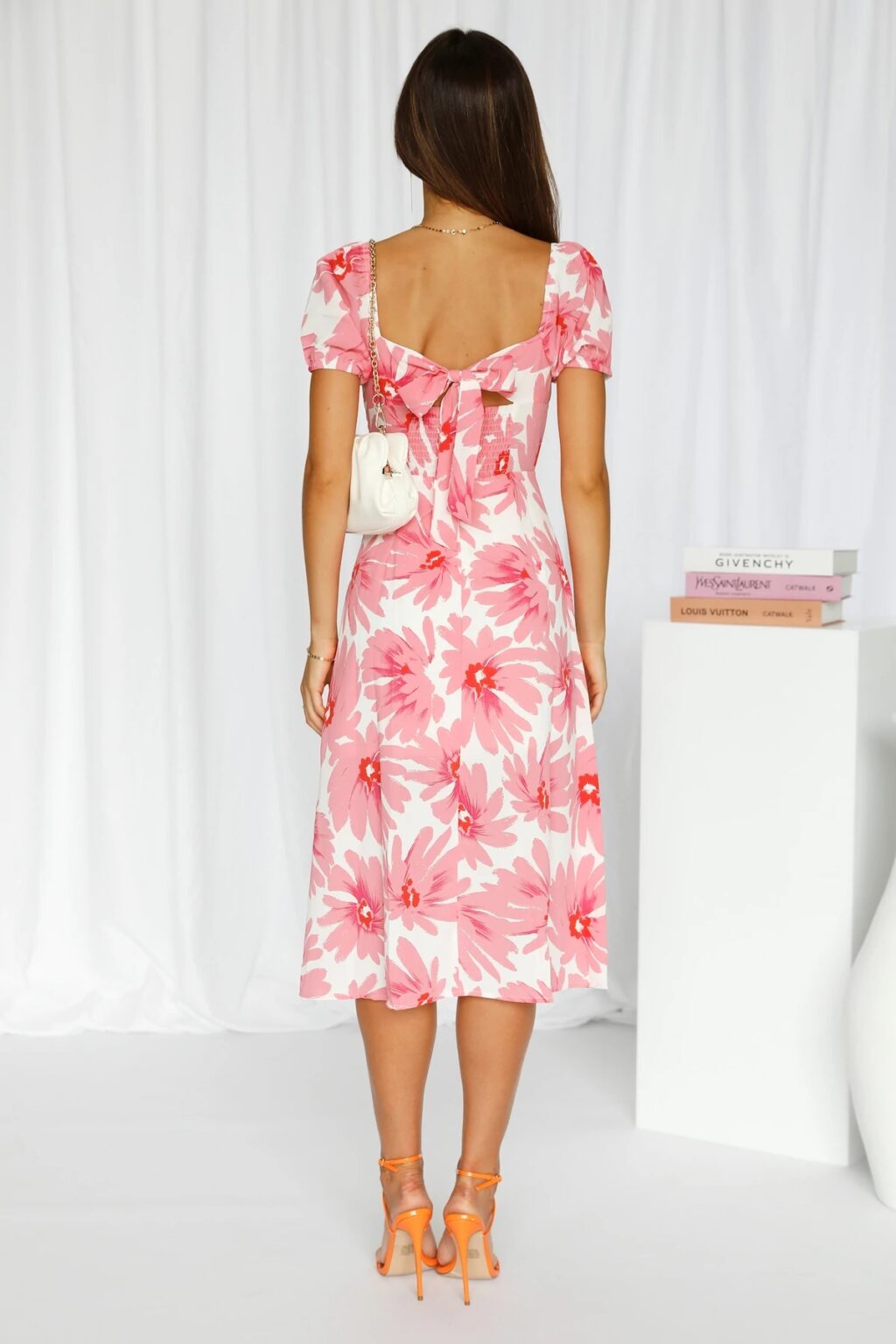 Summer Women Clothing Printed Square Collar Puff Sleeve Back Bow Hollow Out Cutout Dress - Image 2