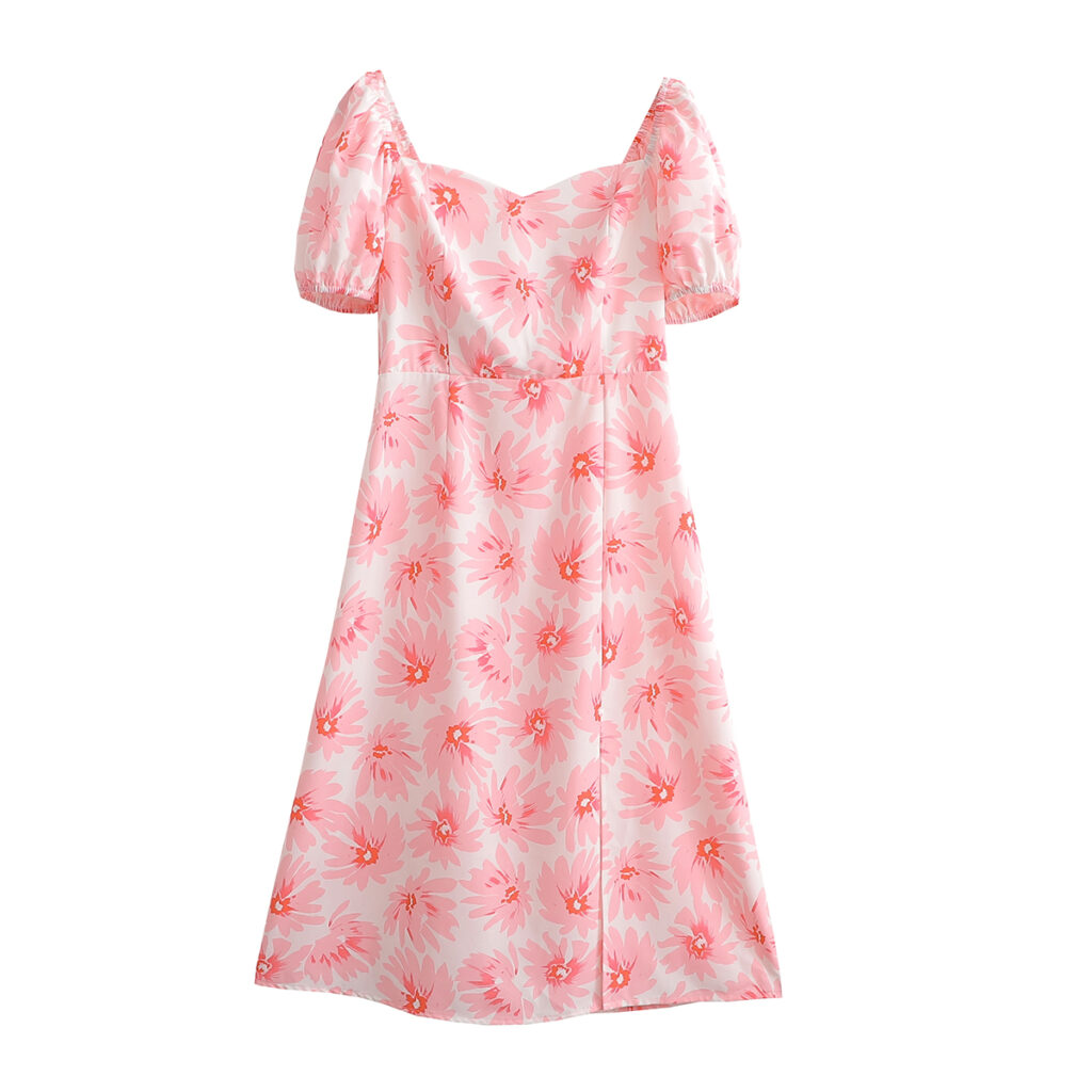 Summer Women Clothing Printed Square Collar Puff Sleeve Back Bow Hollow Out Cutout Dress - Image 4