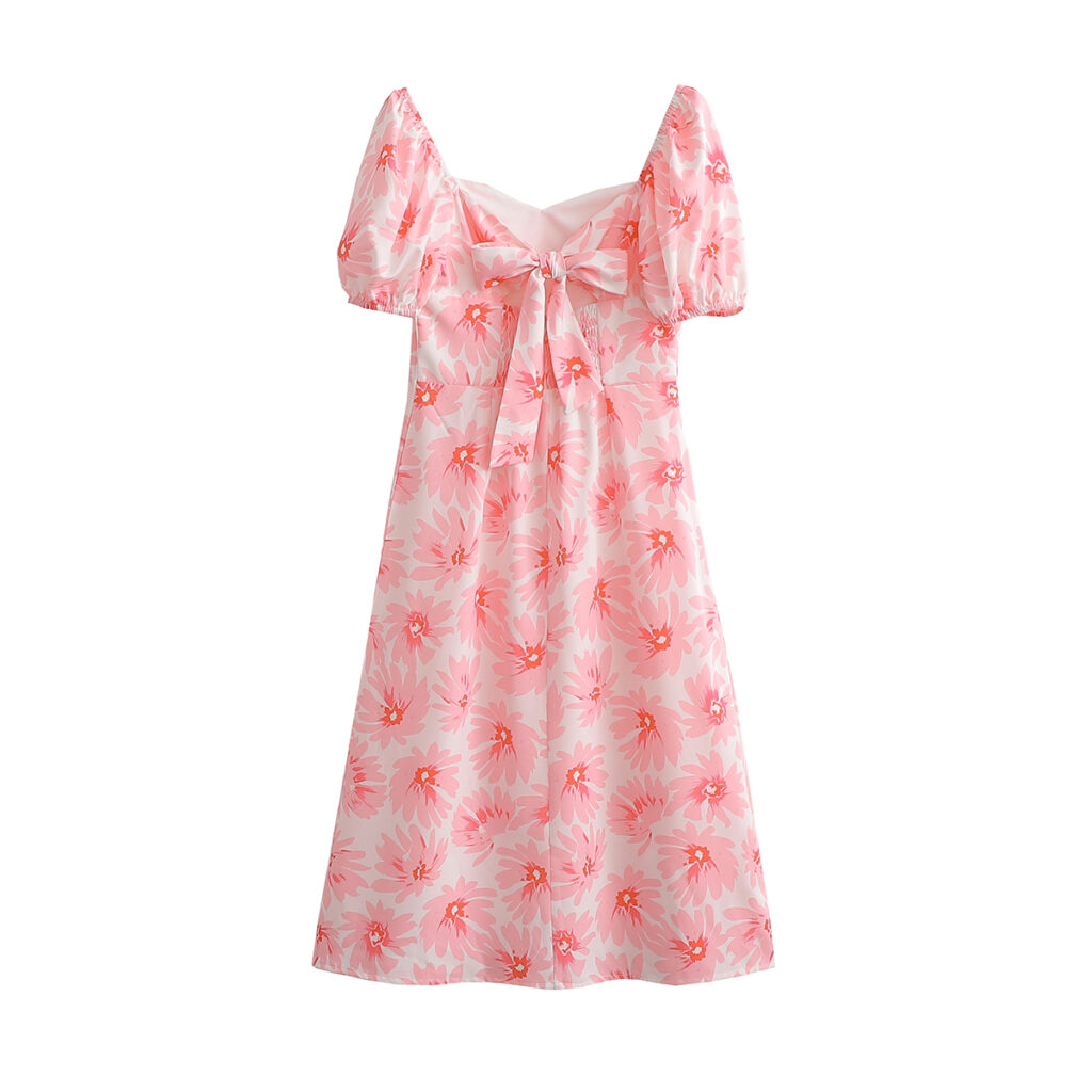 Summer Women Clothing Printed Square Collar Puff Sleeve Back Bow Hollow Out Cutout Dress - Image 5