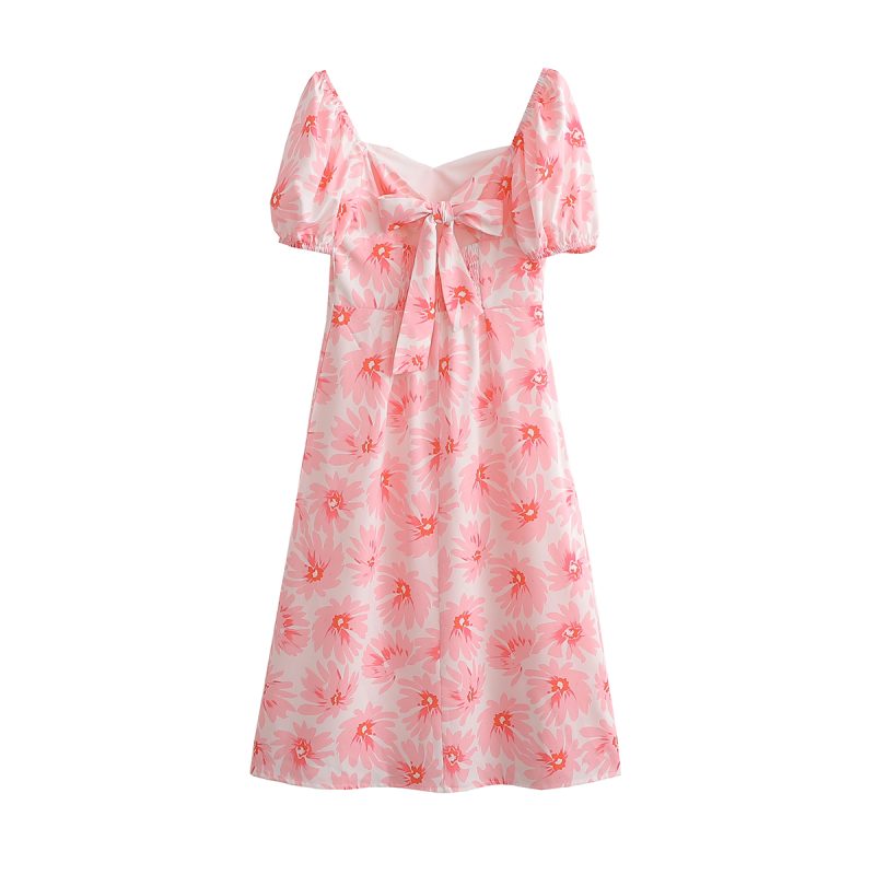 Summer Women Clothing Printed Square Collar Puff Sleeve Back Bow Hollow Out Cutout Dress - Image 5