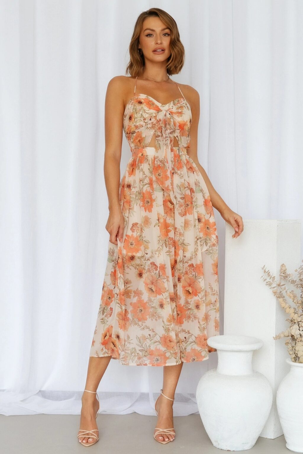 Spring Summer Elegant Hanging Collar Printed Lining High Waist Dress for Women - Image 2