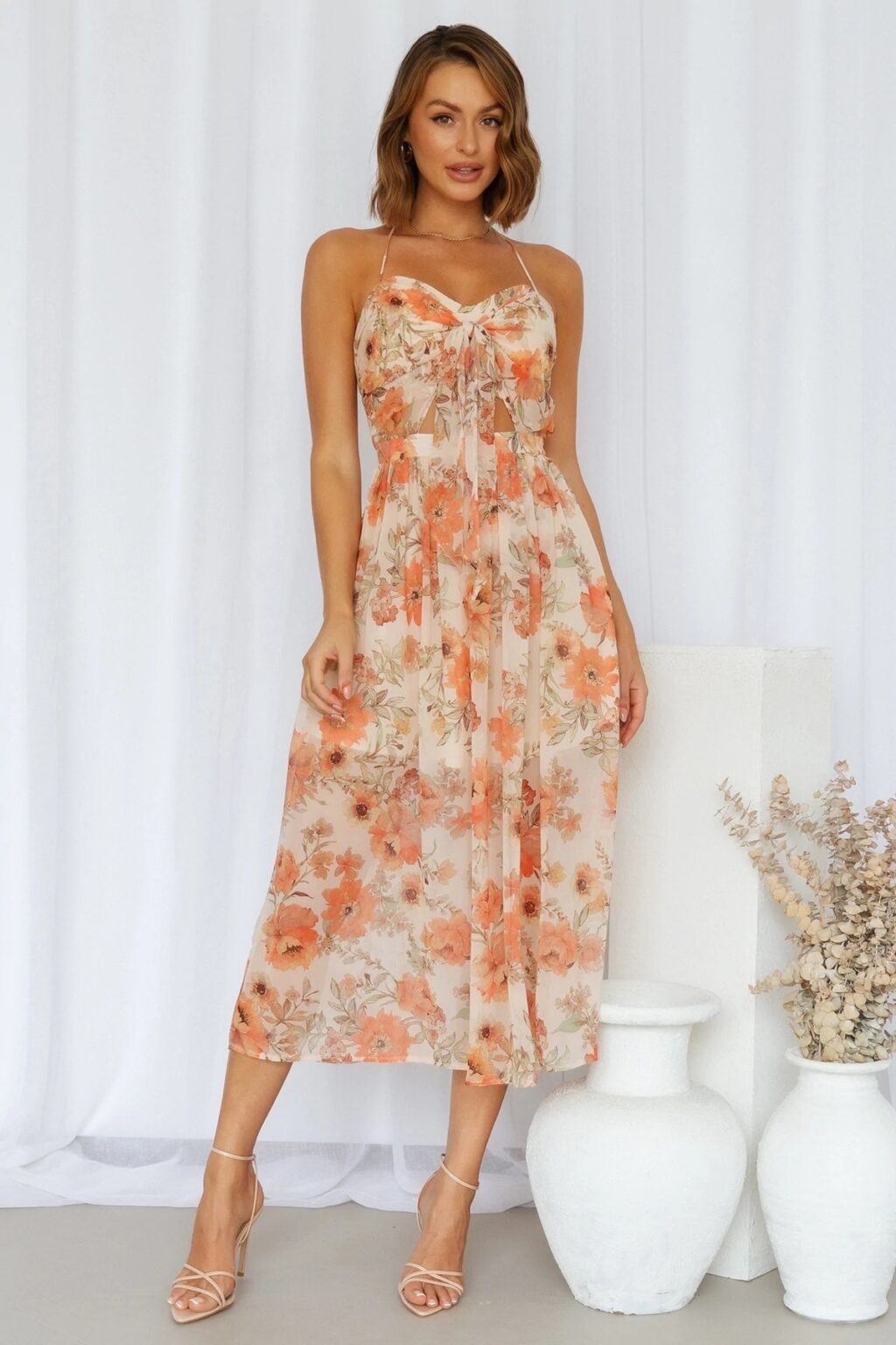 Spring Summer Elegant Hanging Collar Printed Lining High Waist Dress for Women - Image 3