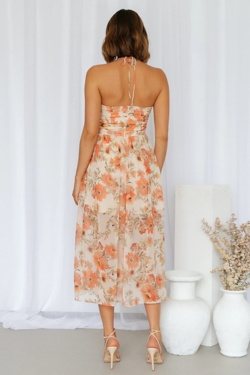 Spring Summer Elegant Hanging Collar Printed Lining High Waist Dress for Women - Image 4