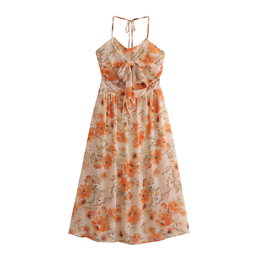 Spring Summer Elegant Hanging Collar Printed Lining High Waist Dress for Women - Image 6