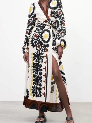 Spring Urban Casual Women Printed Long-Sleeved V-neck Wrapping Towel-Style Dress